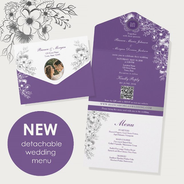 Invitation Tout En Un Purple Floral Menu Photo Wedding (Créateur téléchargé)