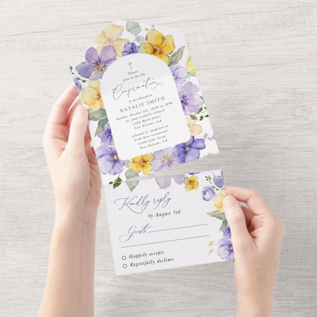 Invitation Tout En Un Purple Flowers, Yellow Flowers, Boho, Confirmation (Déchirure)