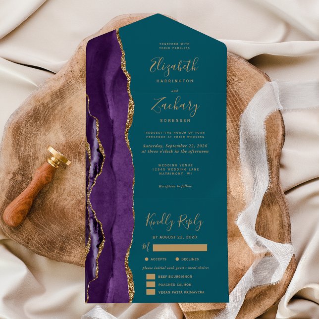 Invitation Tout En Un Purple Gold Agate Teal Blue Meal Options Wedding (Créateur téléchargé)