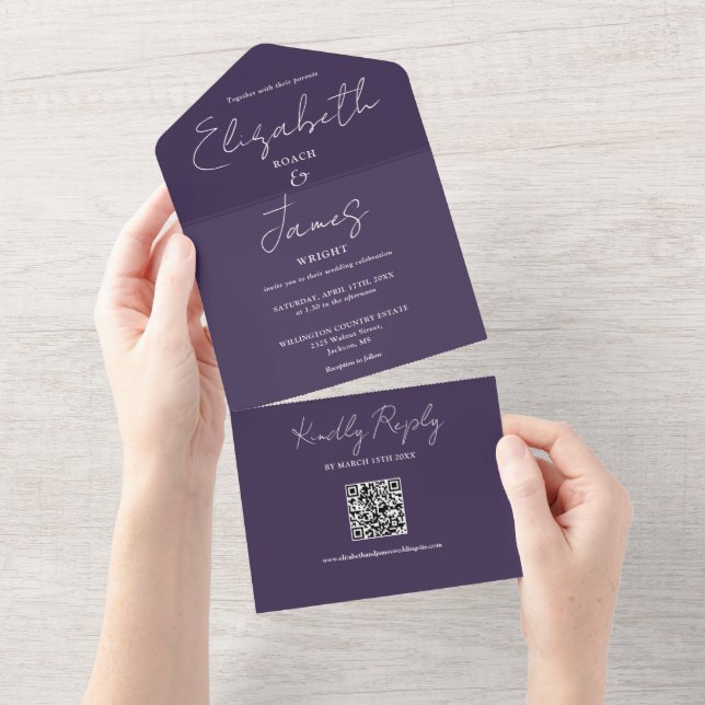 Invitation Tout En Un Purple Modern Elegant Script QR Code Mariage (Déchirure)
