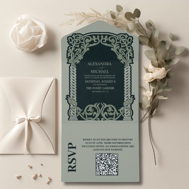 Invitation Tout En Un QR Code Antique Art Nouveau Mariage (Créateur téléchargé)