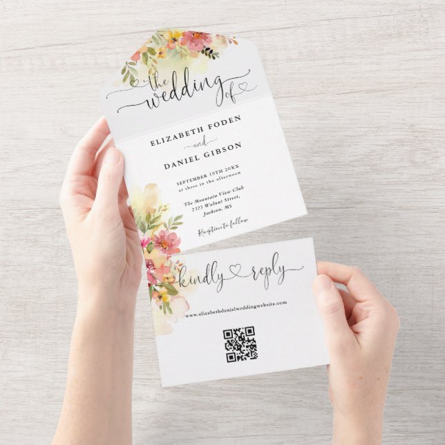 Invitation Tout En Un QR Code Aquarelle Floral Hearts Script Mariage (Déchirure)