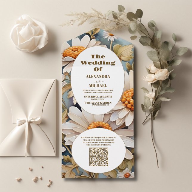 Invitation Tout En Un QR Code Aquarelle rustique Mariage marguerite blan (Créateur téléchargé)