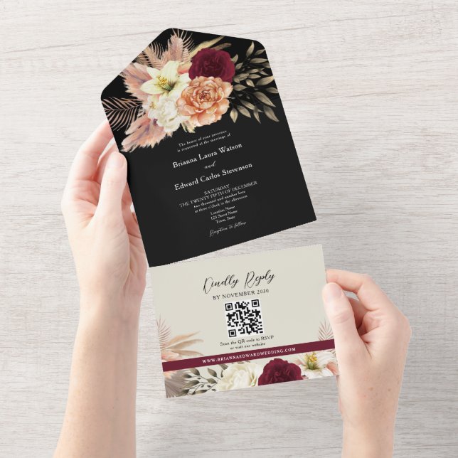 Invitation Tout En Un QR Code Bourgogne Black Floral Mariage (Déchirure)