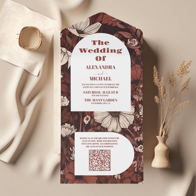 Invitation Tout En Un QR Code Bourgogne Mariage Fleur sauvage (Créateur téléchargé)