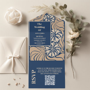 Invitation Tout En Un QR Code Classic Bleu Art Nouveau Mariage