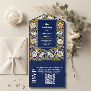 Invitation Tout En Un QR Code Classic Bleu Art Nouveau Mariage