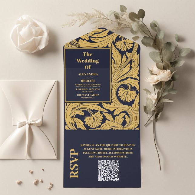 Invitation Tout En Un QR Code Classic Bleu Art Nouveau Mariage (Créateur téléchargé)