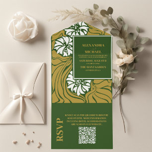 Invitation Tout En Un QR Code Classic Vert Art Nouveau Mariage