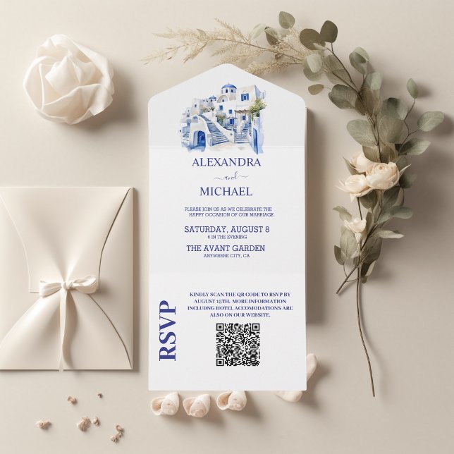 Invitation Tout En Un Qr Code Destination Grèce Santorin Mariage (Créateur téléchargé)
