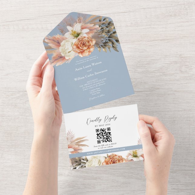 Invitation Tout En Un QR Code Dusty Blue Floral Mariage (Déchirure)