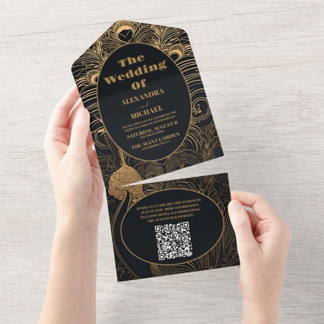 Invitation Tout En Un QR Code Elegant Art Déco Peacocks Mariage (Déchirure)