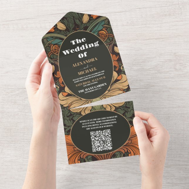 Invitation Tout En Un QR Code élégant Floral Art Nouveau Mariage (Déchirure)