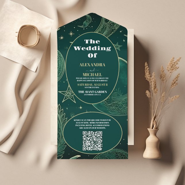 Invitation Tout En Un QR Code Emerald Green Gold CelestiMariage (Créateur téléchargé)