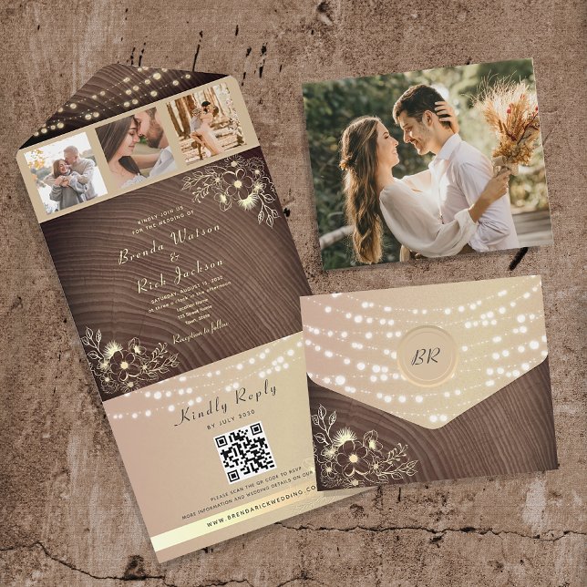 Invitation Tout En Un QR Code et photos Rustic String Lights Mariage (Créateur téléchargé)