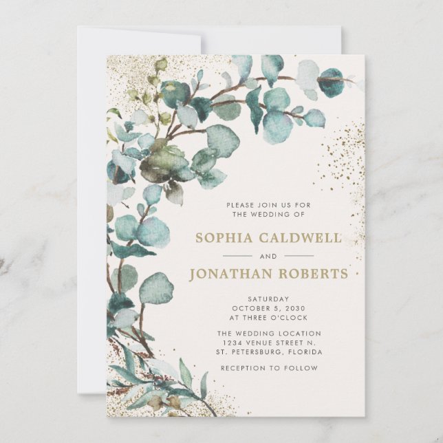 Invitation Tout en un QR Code Eucalyptus Mariage Parties scin (Devant)