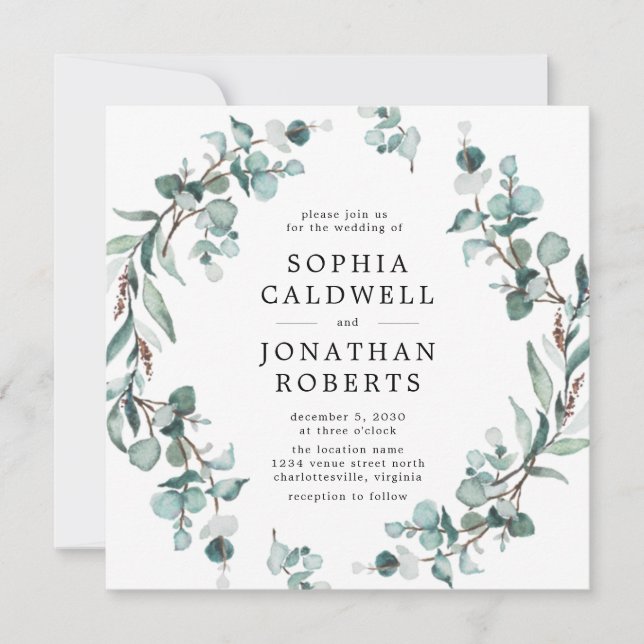 Invitation Tout en un QR Code Eucalyptus Mariage vert (Devant)