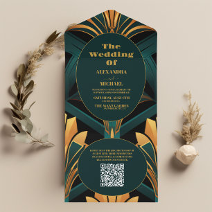 Invitation Tout En Un QR Code Glamour Vert et Or Art Déco Mariage