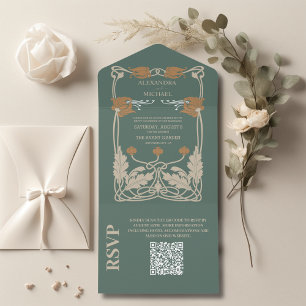 Invitation Tout En Un QR Code Green Art Nouveau Mariage