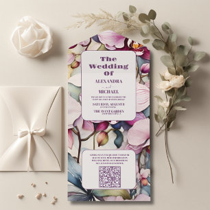 Invitation Tout En Un QR Code Hot rose Fuchsia Aquarelle Orchidées Weddi