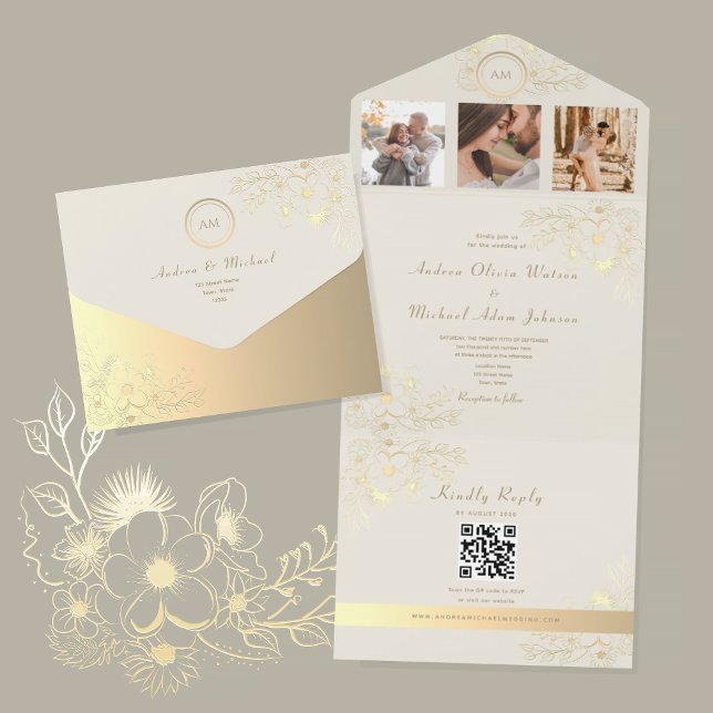Invitation Tout En Un QR Code Ivory Gold Floral Wedding (Créateur téléchargé)