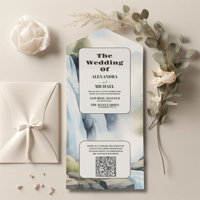 Invitation Tout En Un QR Code Rustic Mountain Waterfall Boho Mariage (Créateur téléchargé)