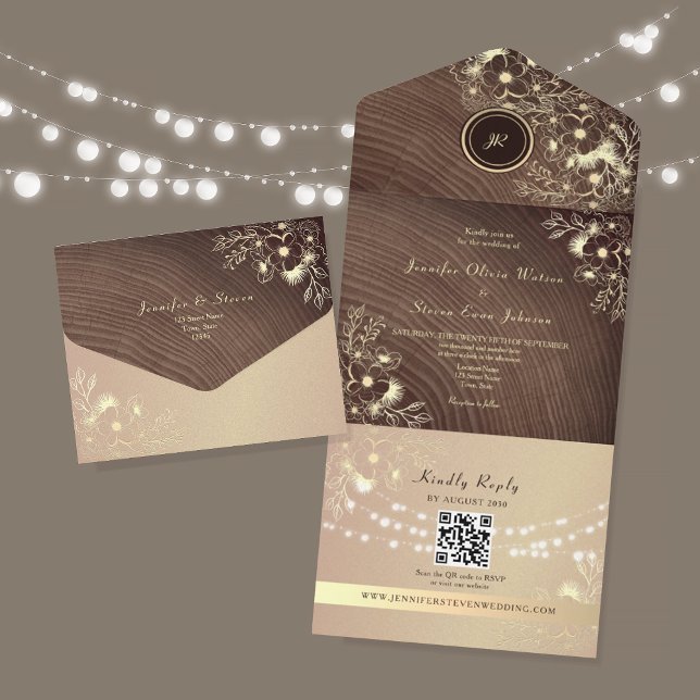 Invitation Tout En Un QR Code Rustic Wood Rose Gold Wedding (Créateur téléchargé)