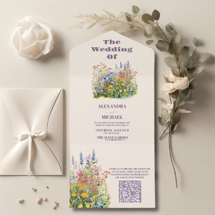 Invitation Tout En Un QR Code Simple Fleur sauvage Jardin botanique Mari