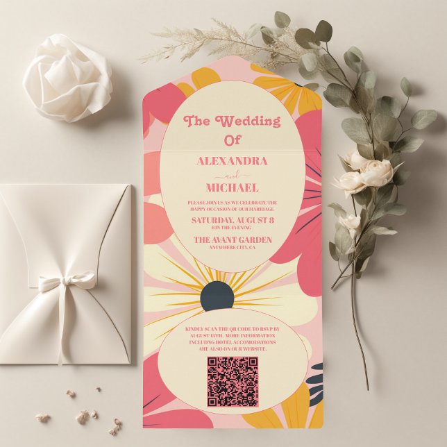 Invitation Tout En Un QR Code Super Retro Pink & Gold Mariage (Créateur téléchargé)