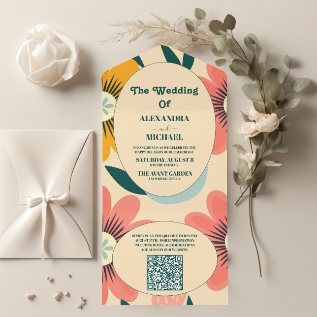 Invitation Tout En Un QR Code Super Retro Pink & Gold Mariage (Créateur téléchargé)