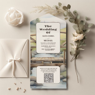 Invitation Tout En Un QR Code Watercolor Mountain Meadow Mariage