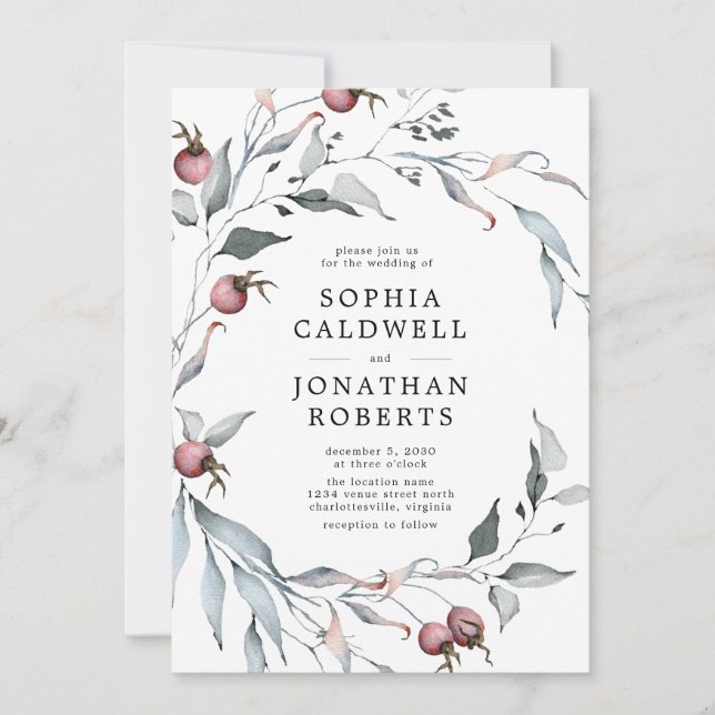 Invitation Tout en un QR Code Winter Berries Mariage de verdu (Devant)