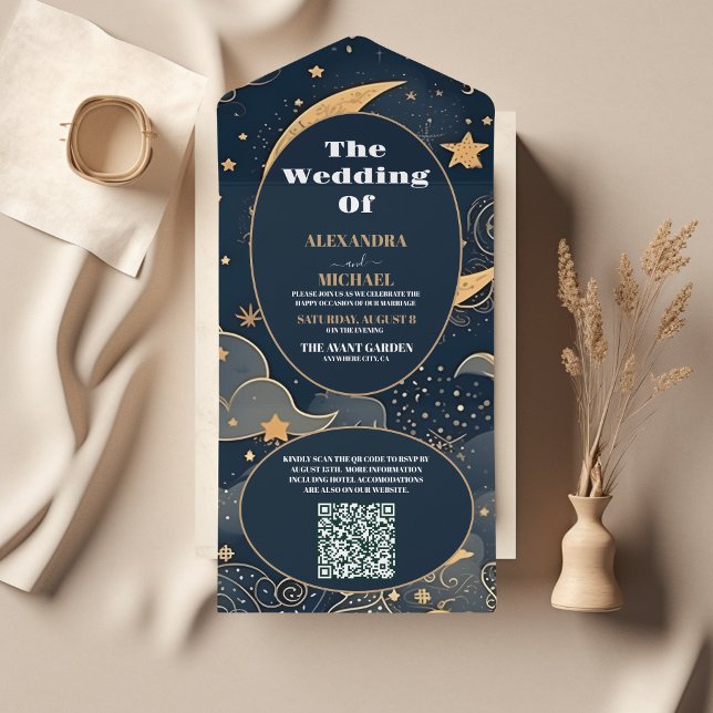 Invitation Tout En Un QR CodeMariage céleste d'or bleu nuit (Créateur téléchargé)