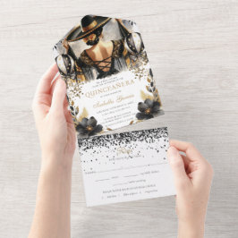 Invitation Tout En Un Quinceañera Luxe Black Gold Mexicain Style rsvp