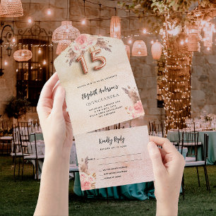 Invitation Tout En Un Quinceanera pampas herbe fleurons rose rose RSVP
