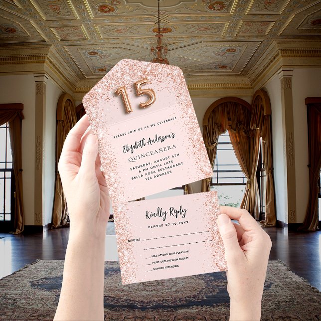 Invitation Tout En Un Quinceanera rose d'or brush parti RSVP (Créateur téléchargé)