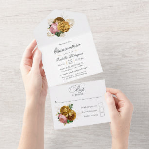 Invitation Tout En Un Quinceañera vintage rose et or florale