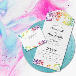 Invitation Tout En Un Rainbow colors scroll leaf gay, lesbian wedding