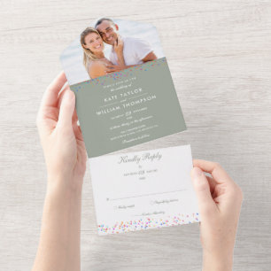 Invitation Tout En Un Rainbow Confetti Monogramme Photo Sage Vert Mariag