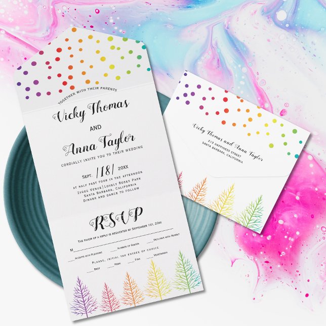 Invitation Tout En Un Rainbow couleurs arbres, points lesbiennes mariage (Créateur téléchargé)