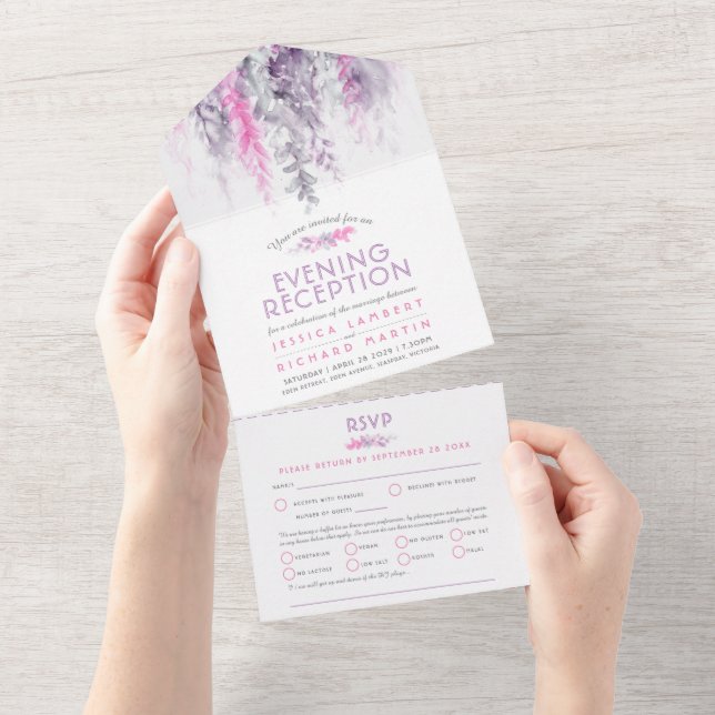 Invitation Tout En Un Réception de mariage au lavis d'aquarelle rose ind (Déchirure)