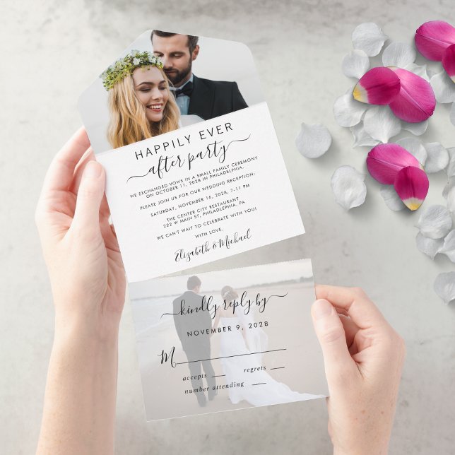 Invitation Tout En Un Réception de mariage élégante à 2 photos (An chic Happily Ever After Party all-in-one invitation for your wedding celebration)
