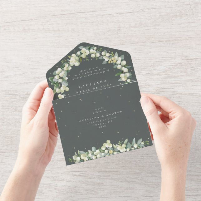 Invitation Tout En Un Réception de mariage Green Snowberry + Eucalyptus  (Ouverture)