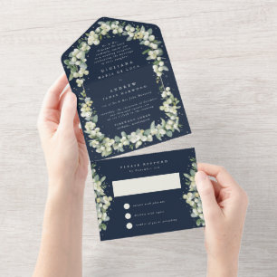 Invitation Tout En Un Réception de mariage Navy Snowberry+Eucalyptus uni