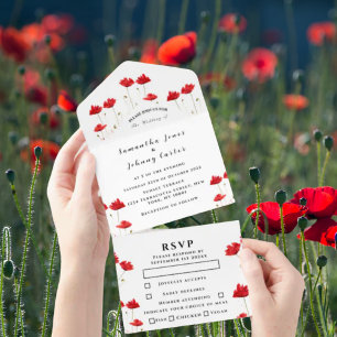 Invitation Tout En Un Red Poppies Aquarelle Script Mariage élégant