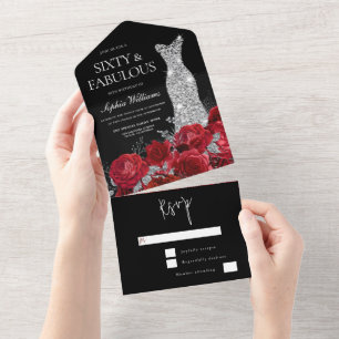 Invitation Tout En Un Red Roses Diamond Gown Noir 60e fête d'anniversair