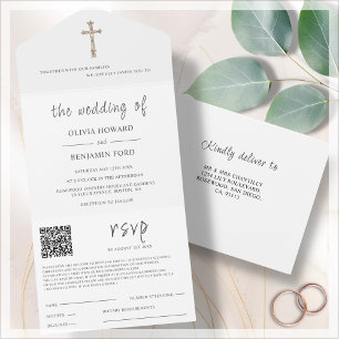 Invitation Tout En Un Religieux blanc   Code QR Mariage