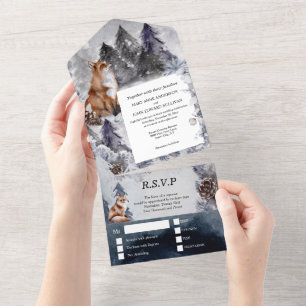 Invitation Tout En Un Renard roux d'hiver mariage de neige avec RSVP All