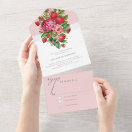 Invitation Tout En Un Réponse au mariage élégant fraise et pivoines