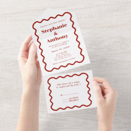 Invitation Tout En Un Retro 1950s Wavy Edge Mariage rouge foncé